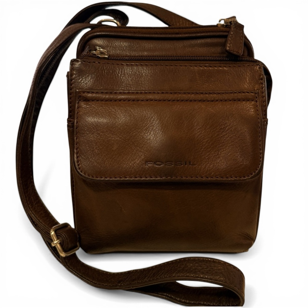 Vintage Fossil Brown Leather Organizer Crossbody Bag Functional Retro Classic